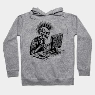 Punk Rock Goth Skeleton on Computer Vintage Style Hoodie